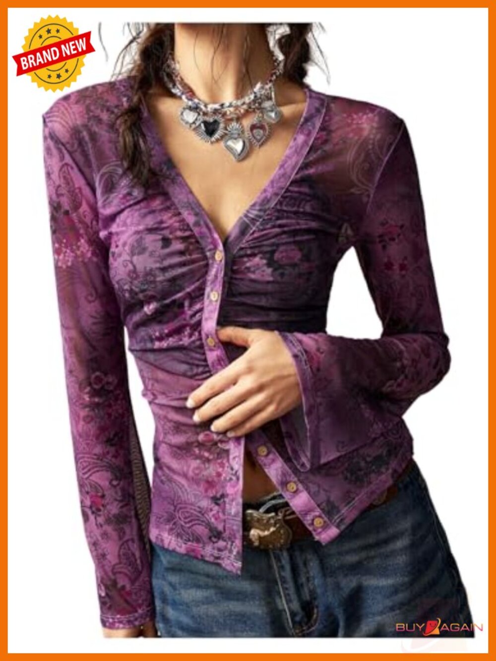 RoseSeek Paisley Button Down V-Neck Long Sleeve Blouse